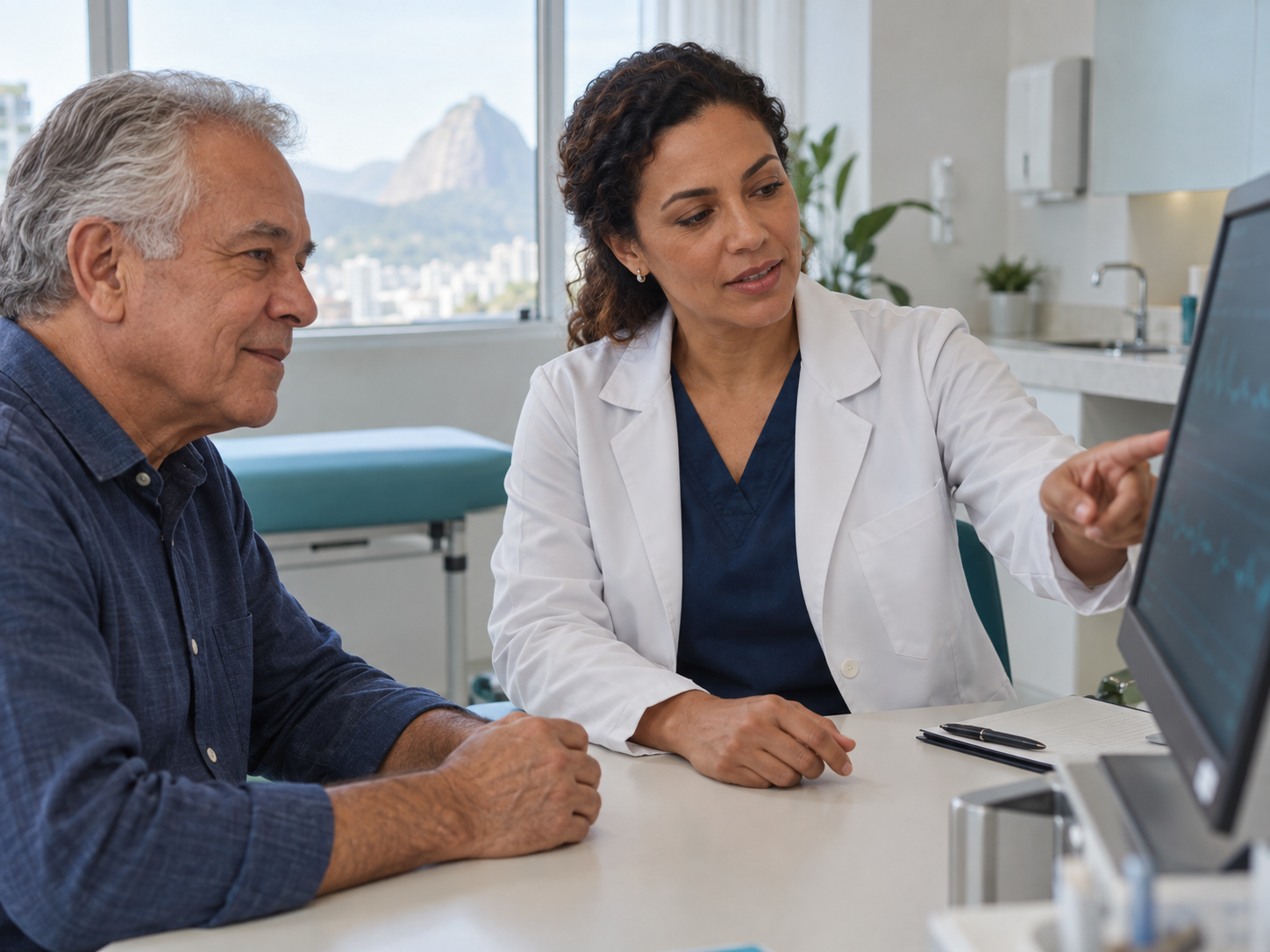 Cena ilustrativa de uma médica e um paciente analisando informações clínicas em consultório.